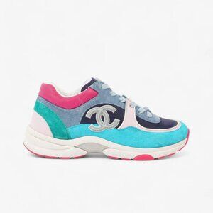 CHANEL CC Logo Sneakers Suede Calfskin Leather Navy/Turquoise